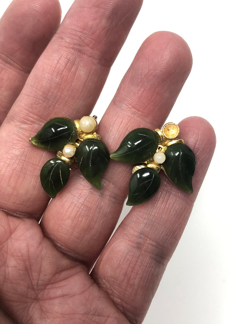 1950s Karen Lynne 12K Gold Filled Jade and Faux IvoryCelluloid Rose Brooch and Clip On Earrings
