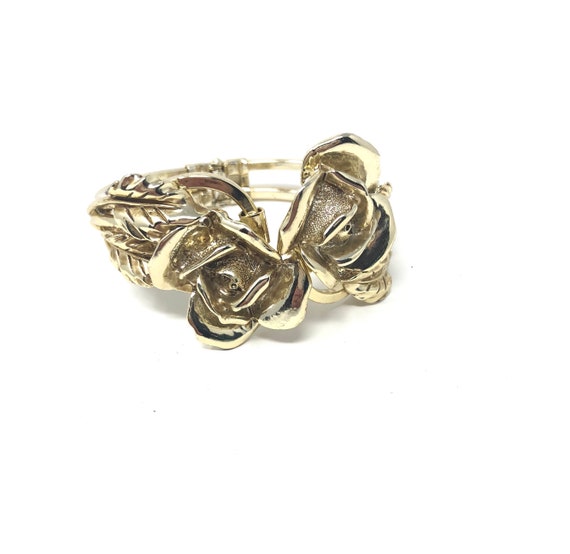 1950s gold tone hinged rose cuff bracelet - image 1