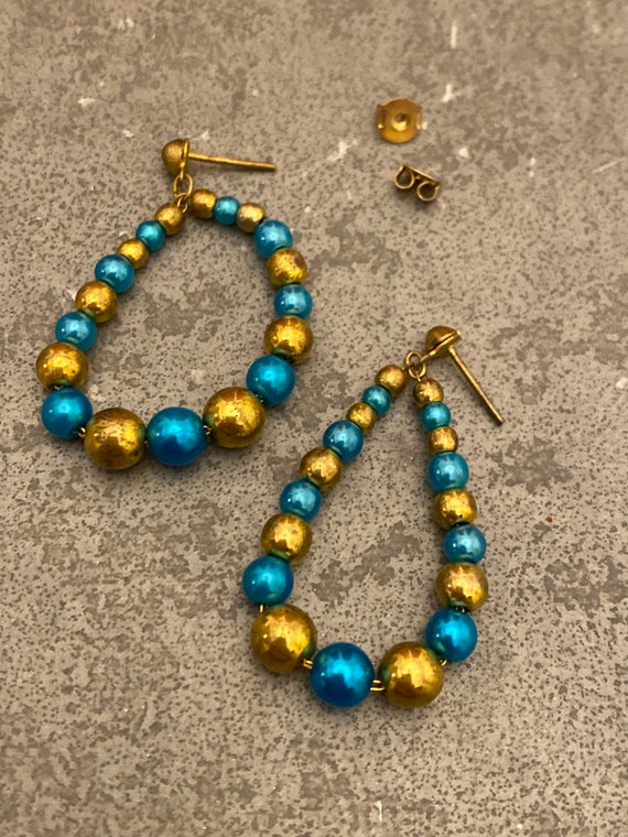 Vintage shiny metallic blue and gold metal beaded… - image 2