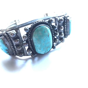Old Pawn Navajo 68 Gram Three Stone Turquoise and Sterling Silver Cuff Bracelet