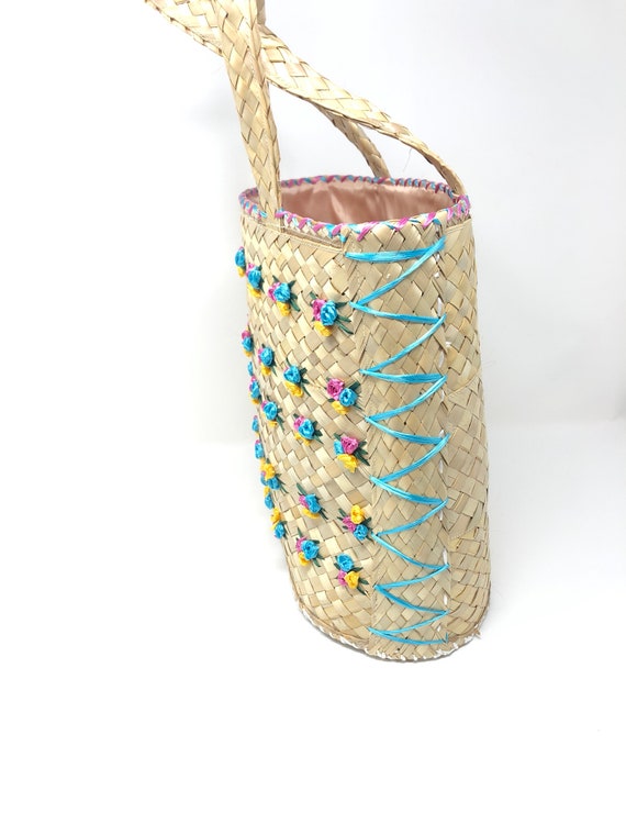 Vintage lined straw handbag with colorful pink, b… - image 9