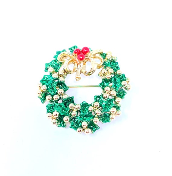Vintage 1960s green glitter wreath Christmas broo… - image 1