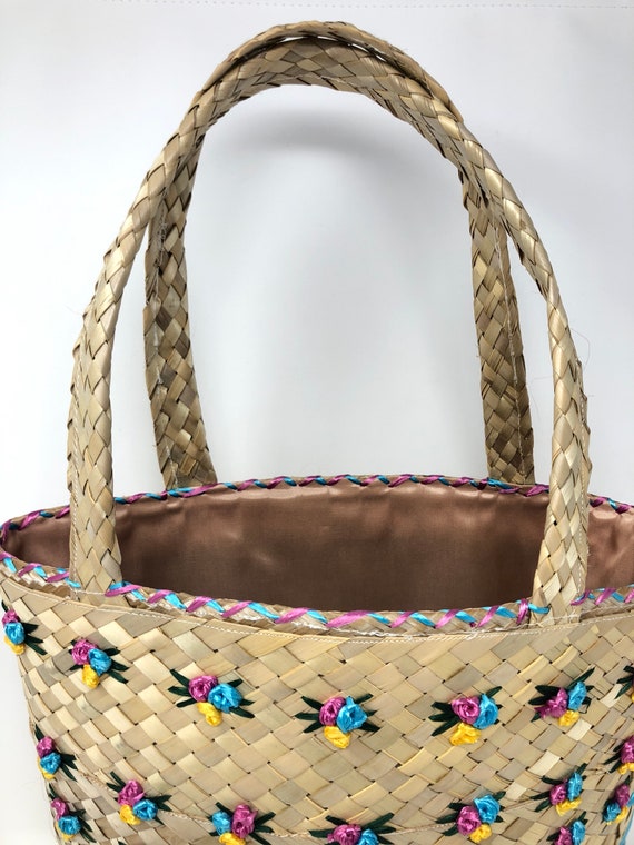 Vintage lined straw handbag with colorful pink, b… - image 8