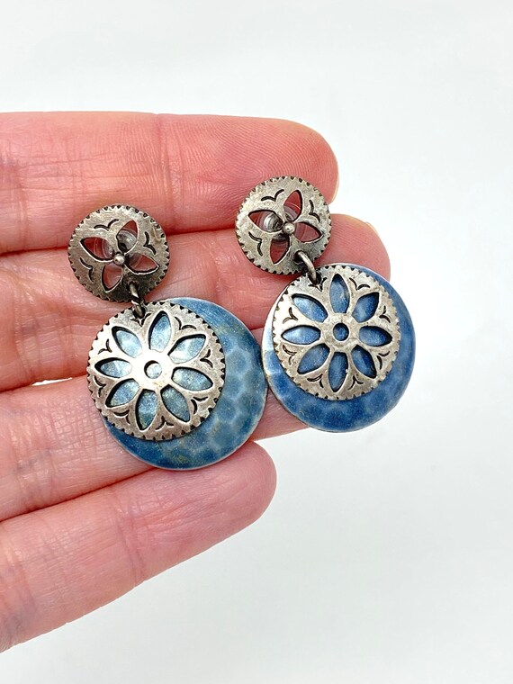 Vintage Silver Tone Round Drop Layered Blue Flora… - image 2