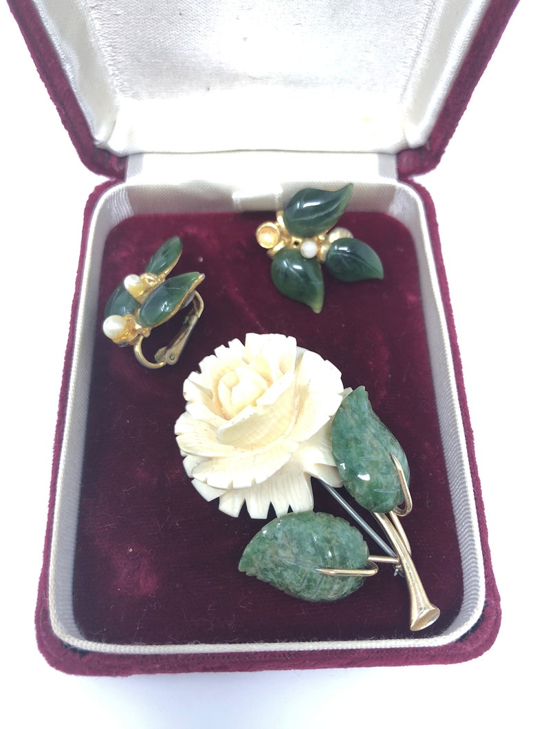 1950s Karen Lynne 12K Gold Filled Jade and Faux IvoryCelluloid Rose Brooch and Clip On Earrings
