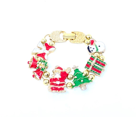 VTG Gold Tone & Enamel Christmas Slide Bracelet, Noel, Teddy Bear