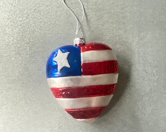 Vintage Glass American Flag Heart Christmas Ornament Red White Blue Glitter Star