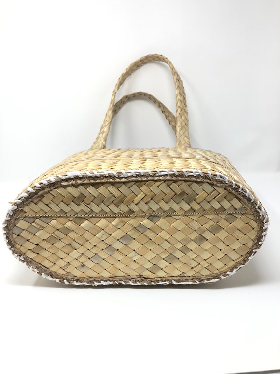 Vintage lined straw handbag with colorful pink, b… - image 3