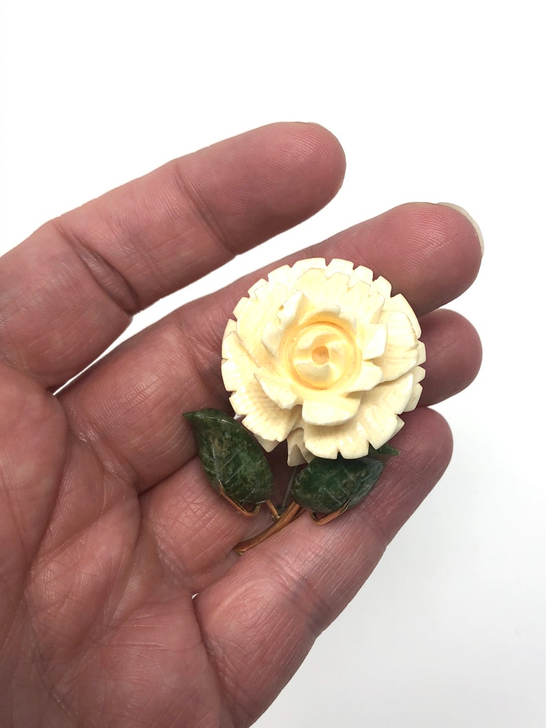 1950s Karen Lynne 12K Gold Filled Jade and Faux IvoryCelluloid Rose Brooch and Clip On Earrings