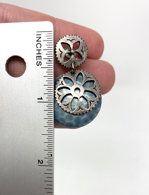 Vintage Silver Tone Round Drop Layered Blue Flora… - image 5