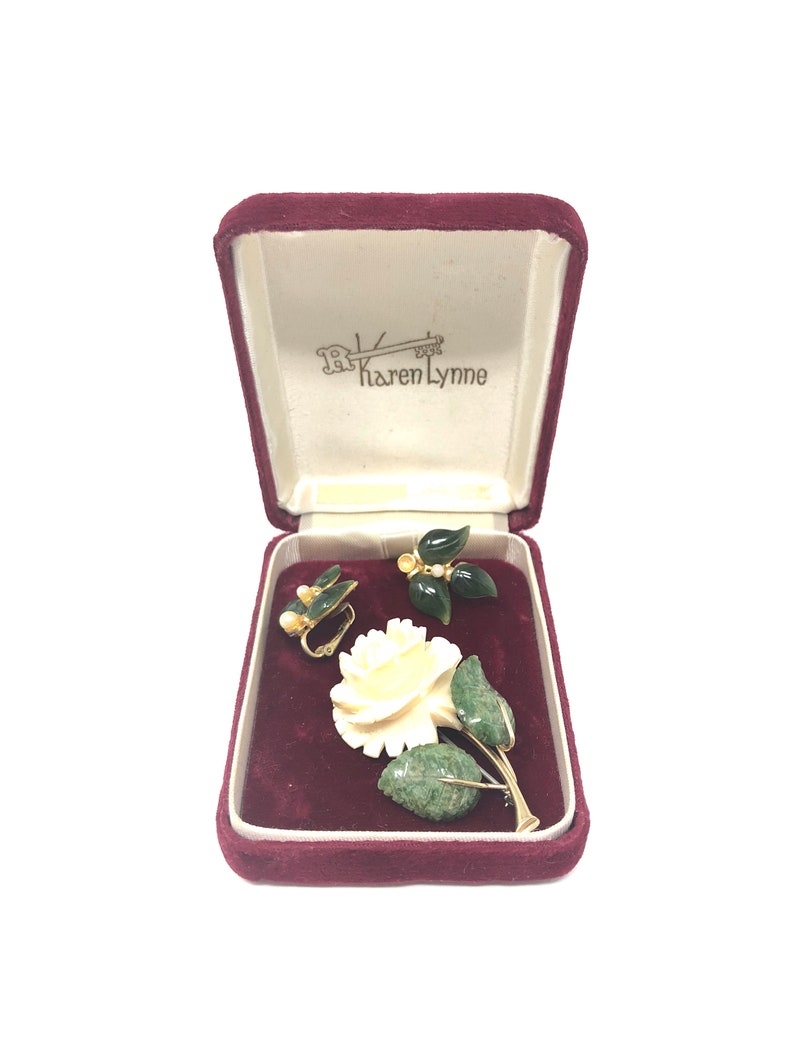 1950s Karen Lynne 12K Gold Filled Jade and Faux IvoryCelluloid Rose Brooch and Clip On Earrings