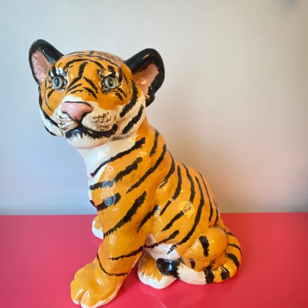 Vintage ceramic studio artist signed tiger sculpture figure, signed Joyce ‘76