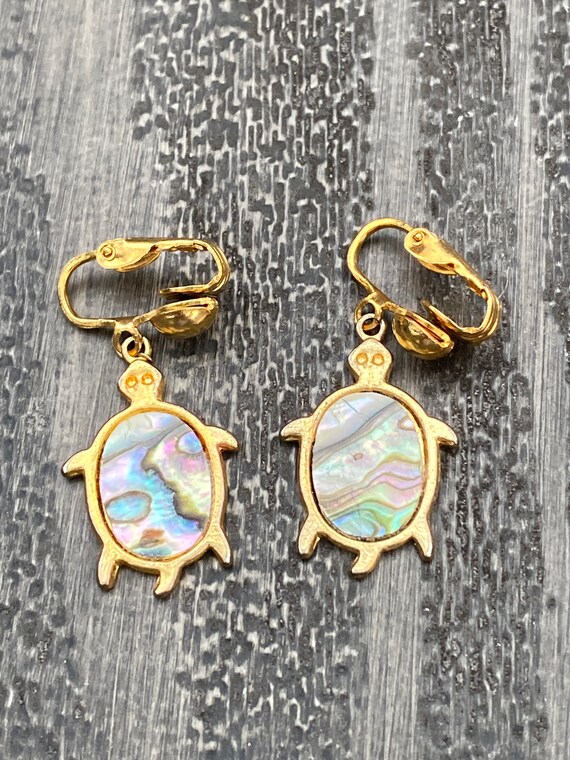 Vintage gold tone metal and abalone shell clip-on… - image 2