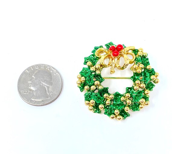 Vintage 1960s green glitter wreath Christmas broo… - image 2