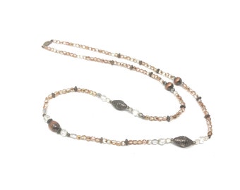 Vintage beaded rhinestone and silver tone metal long necklace