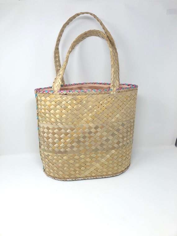 Vintage lined straw handbag with colorful pink, b… - image 6