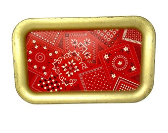 Mid-Century Vintage Red and Gold Bandana Metal Serving Tray 14x8.5"