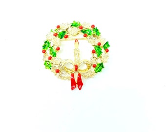 Vintage 1960s enamel holly wreath brooch with candle and bow