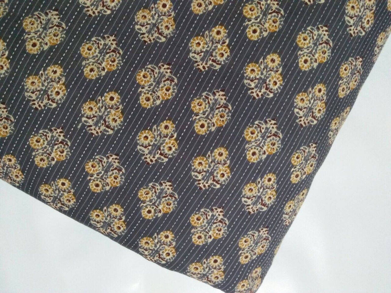 2 Yards Gray Floral Kantha Fabric Cotton Kantha Fabric Etsy