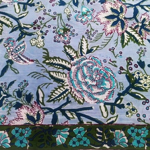 Light Blue Floral Cotton Fabric: Hand Block Print, 5 Yards