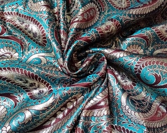 Paisley Banarasi Brocade Fabric: Turquoise & Red, 5 Yards