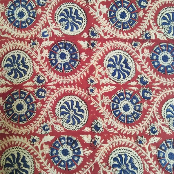 Red & Blue Floral Block Print Cotton Fabric, Indian Hand Block Printed Fabric, Sewing Fabric, Quilting Fabric, Dress Making Fabric by yard