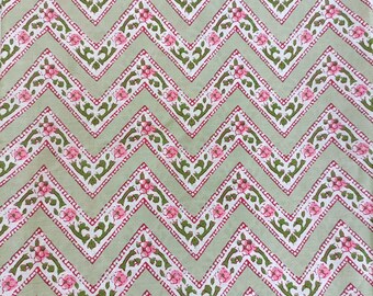 2,25m Pink Grün Zick Zac Block Print Stoff, Blockprint Floral Baumwollstoff zum Nähen, Indischer Baumwollstoff