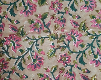Op de afbeelding: Close-up van een stof met een bloemenpatroon. Het ontwerp toont roze bloemen met groene bladeren en stelen op een beige achtergrond. De bloemen zijn gestileerd en herhaald over de stof, waardoor een textuur ontstaat.