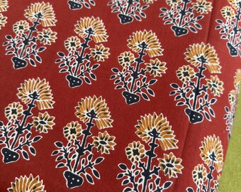 Schokobraune Blumen Baumwollstoff: Hand Blockdruck, Stoff Meterware