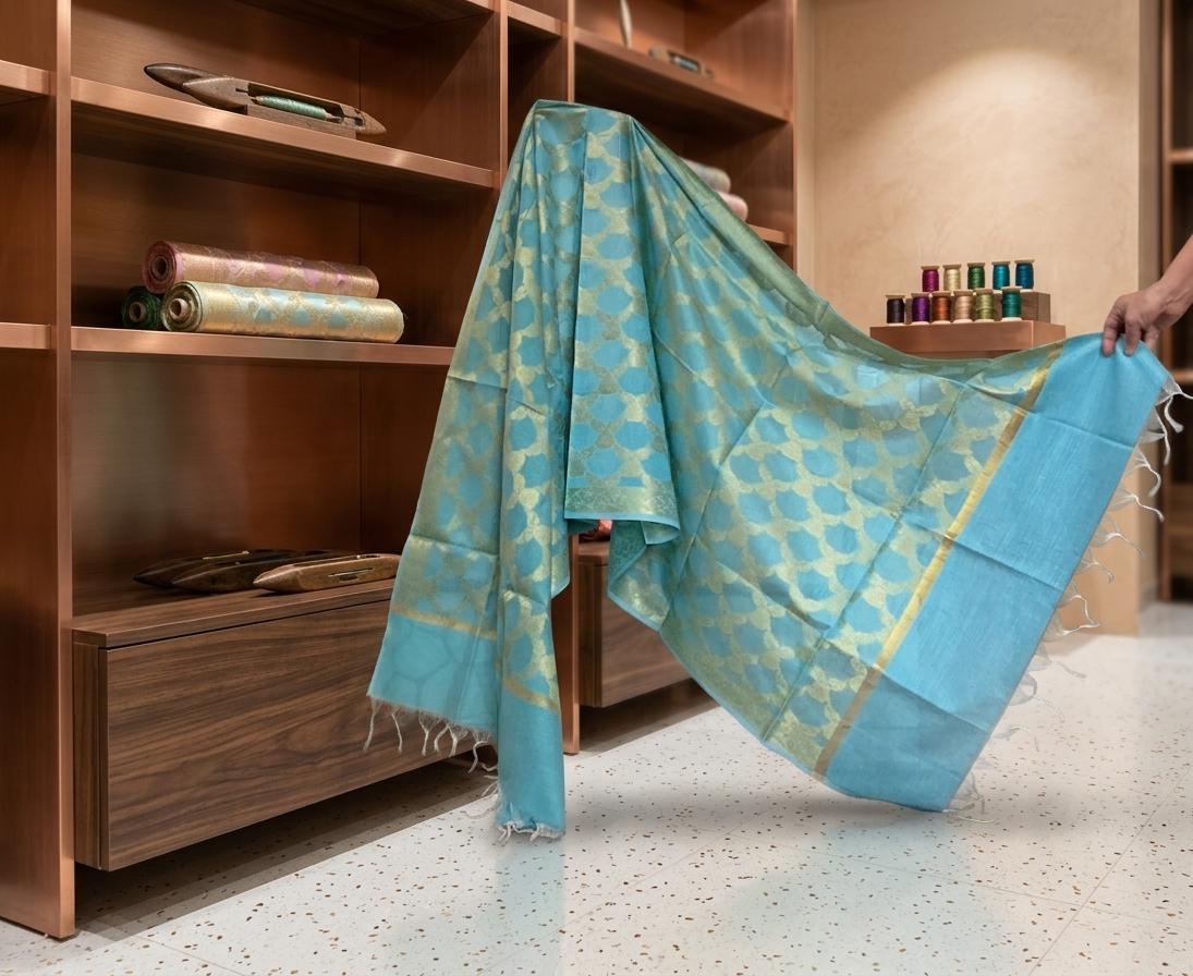 Light Blue Banarasi Silk Dupatta Handwoven Gold Zari Ethnic Scarf