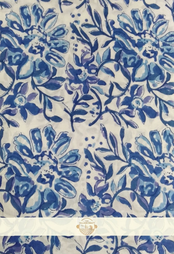 Floral 5 Yard Blue Coloured Indian Hand Block Print 100/% Cotton Craft Fabric