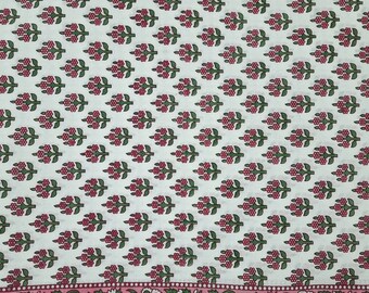 Floral Print Cotton Fabric: White, Pink, and Green Border (2 Yard)