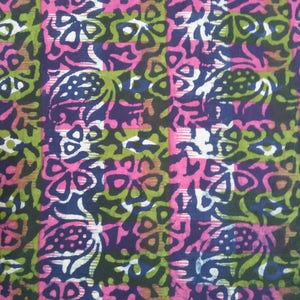 Pink Green with Blue Base Floral Block Printed Fabric by the Yard, Block Printed Floral Cotton Fabric for Sewing, Indian Cotton Fabric