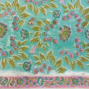 Sea Green Floral Block Print Cotton Fabric: 3 Yards, 44&quot; Wide