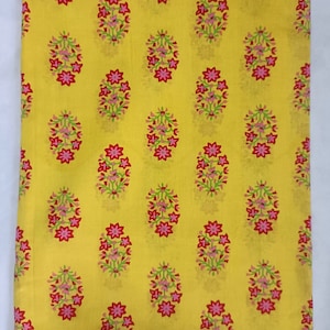 2 Yards Yellow Pink Floral Block Print Fabric #Light Yellow Floral Print  #Organic Cotton Fabric #Quilting fabric #Dress Making Fabric
