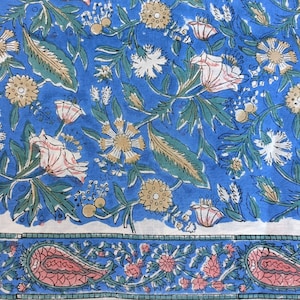 Blue Floral Block Printed Cotton Fabric: Indian Dressmaking, 5 Yard