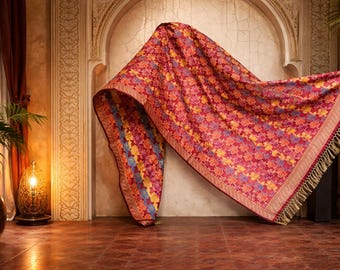 Dupatta de seda floral tejida a mano con borlas – Estilo Banarasi rojo