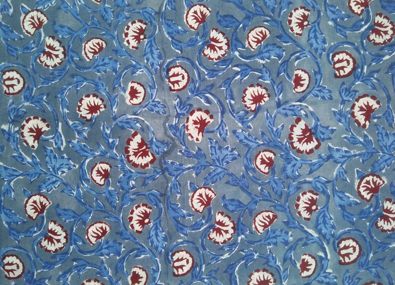 Hand Block Print Blue Fabric Cotton Cambric Material Craft Sewing By 1 Metre