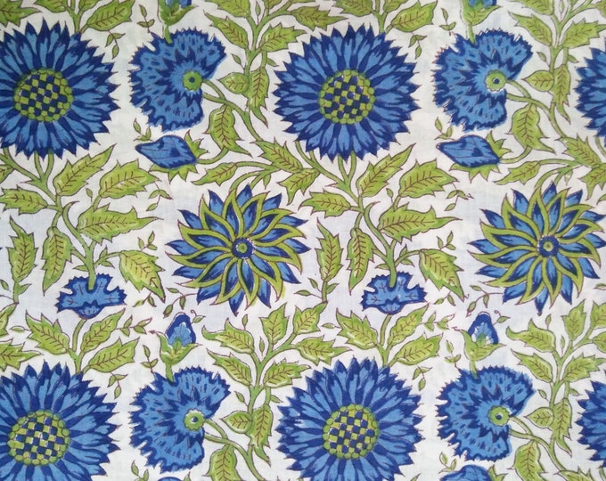 Blue Green Floral Block Print Fabric Floral Block Printed Etsy