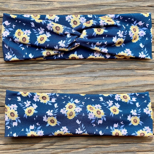 Sunflower Turban Headband - Dark Blue Floral Headband - Pretty Hair Accessory - Button Headband - Cute Gift for Her - Women Apparel - Yellow
