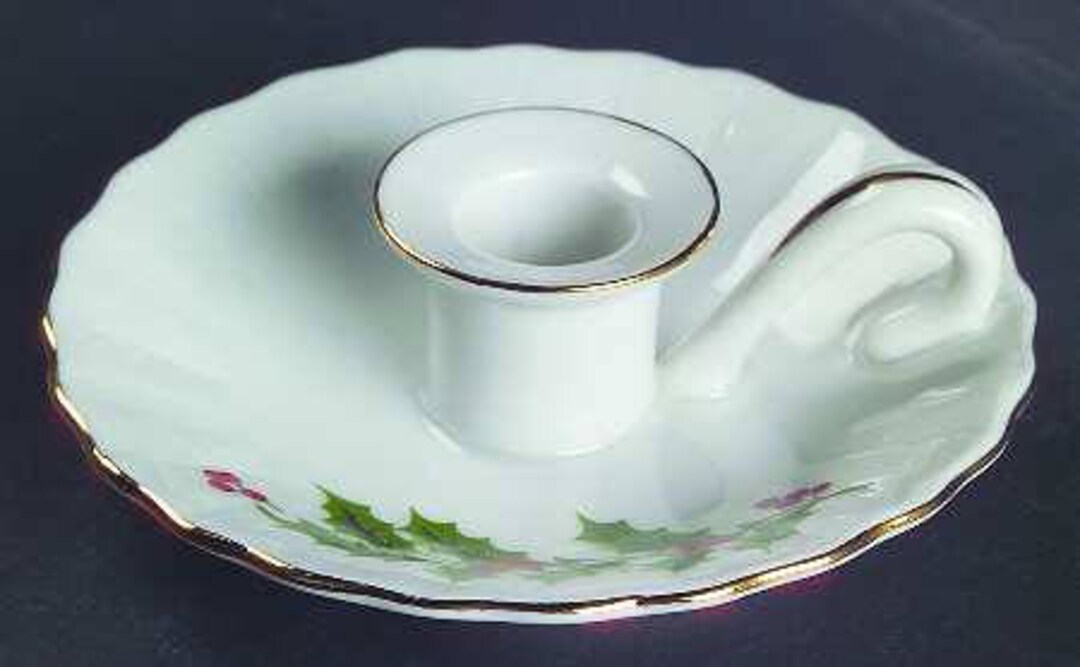 Vintage Christmas Holly all the Trimmings Candle Holder White With Gold