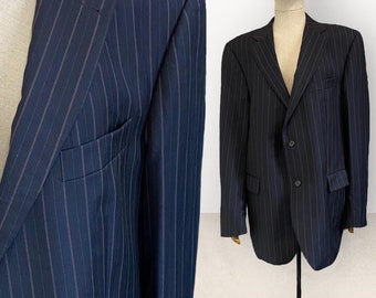 Tommy Hilfiger Blazer 90s Vintage 100% Virgin Wool Charcoal Grey Chalk Pinstripe Suit Jacket 2 Button Blazer L 42R