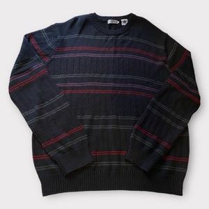 Vintage 90s Jumper Wool Knitted Dad Sweater Stripped XL Navy Blue Jumper