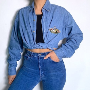 Denim Shirt Vintage 90s Loony Toons Embroidered Blue Jean Shirt Oversized Medium Wash Button Up Relaxed Fit Size Large