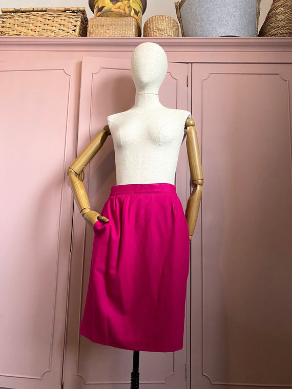Vintage 80s Wool Midi Skirt Magenta Pink Pencil S… - image 1