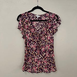 Sheer Floral Ruffle Top Purple Y2K Romantic Blouse Short SleeveUK 16