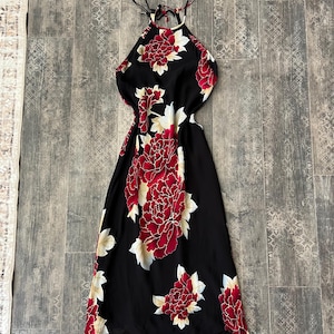 Vintage Black Floral Halter Maxi Dress: 2000s Summer Dress