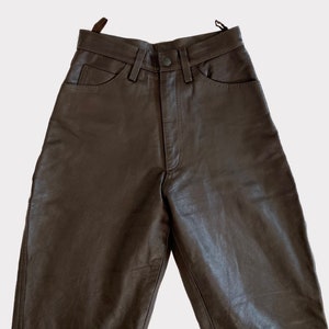 Vintage 90s Brown Leather Biker Trousers - High Waisted Motorcycle Pants UK 8