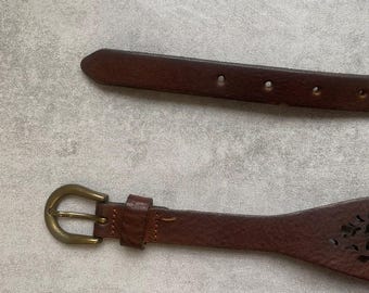 Vintage Brown Genuine Leather Belt Brass Buckle