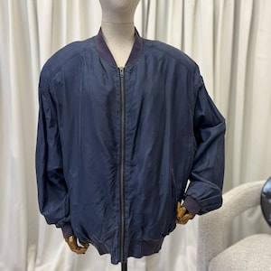 Vintage 1980s Navy Blue Pure Silk Bomber Jacket 100% Silk Vintage Genuine Silk Lightweight Oversized Jacket Size L